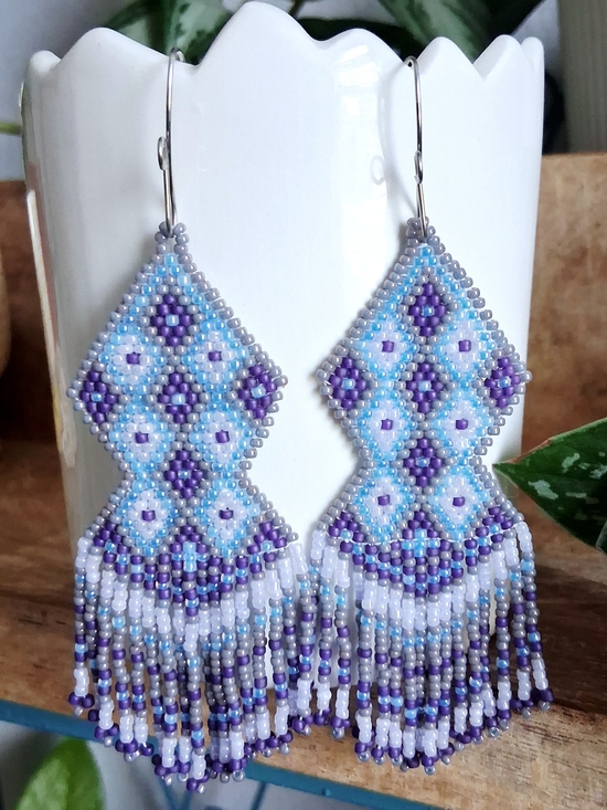 Handmade Jewelry - Handmade Geometric Beaded Fringe Earrings, Purple & Blue, 4.5"